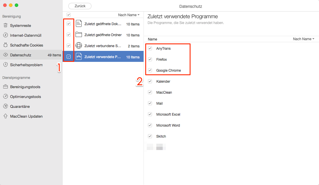 Die zuletzt benutzte Objekte auswählen - Schritt 2