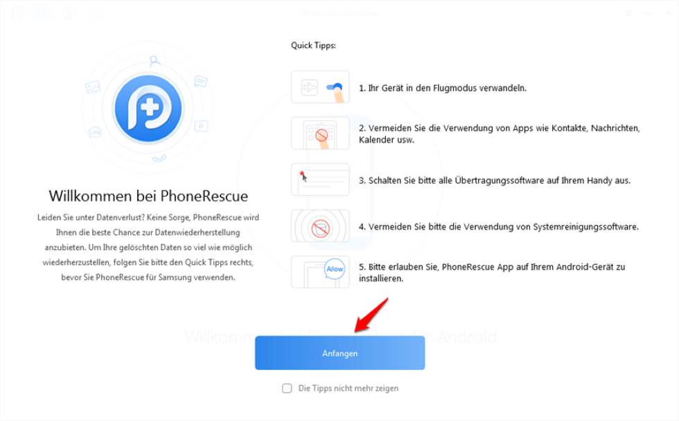 Tippen Sie auf Anfangen