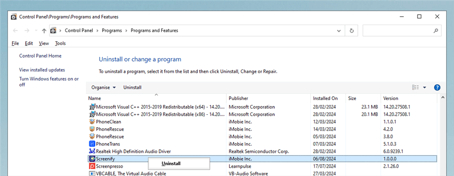 Uninstall Screenify from Windows Computer
