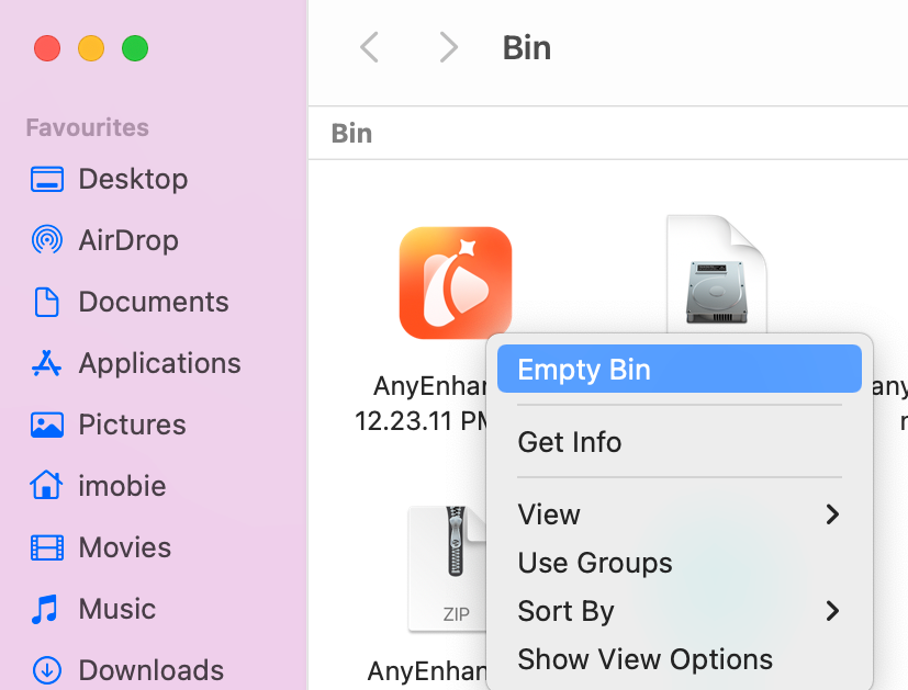 Right-click Trash to Select Empty Bin