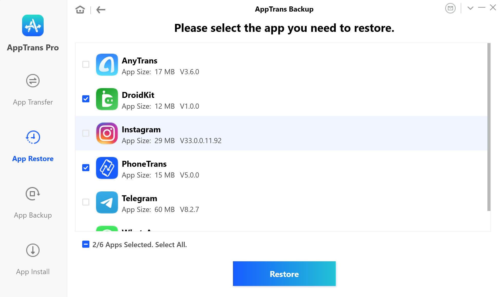 Select the App And App Data to Restore
