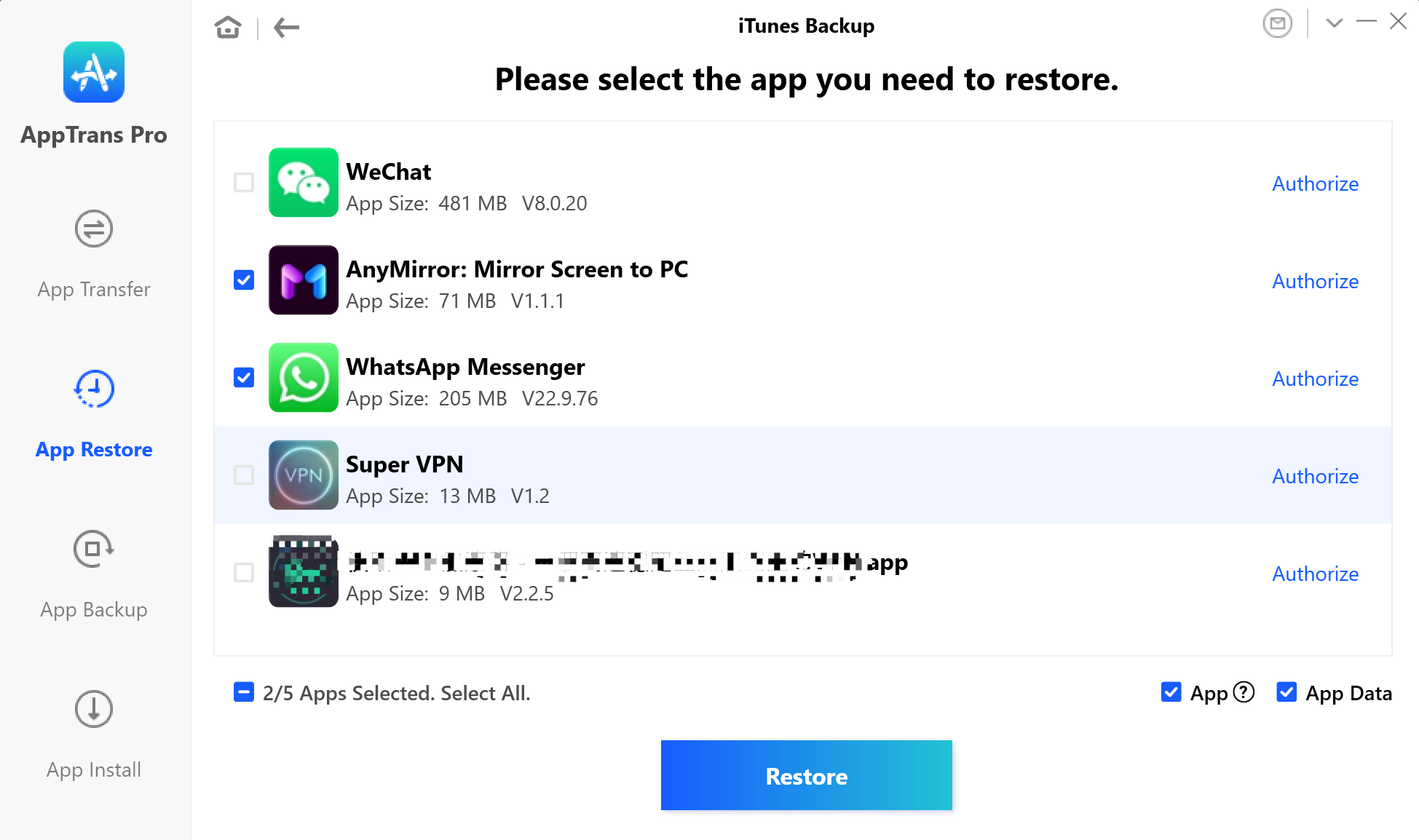 Select the App You Need to Restore