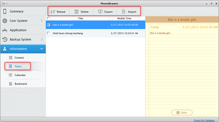 Notes management interface