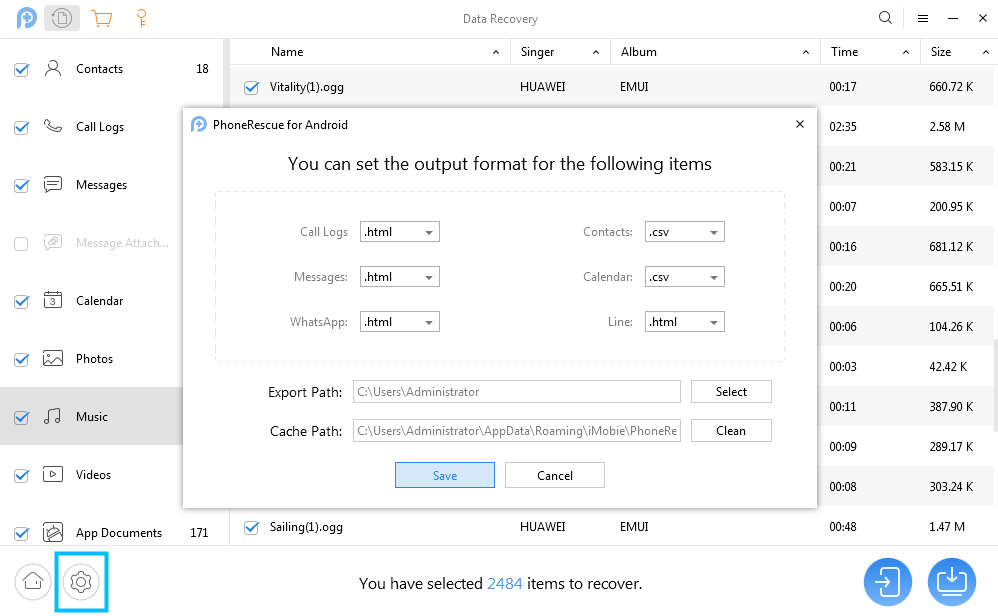  Set the Output Format of PhoneRescue for Android 