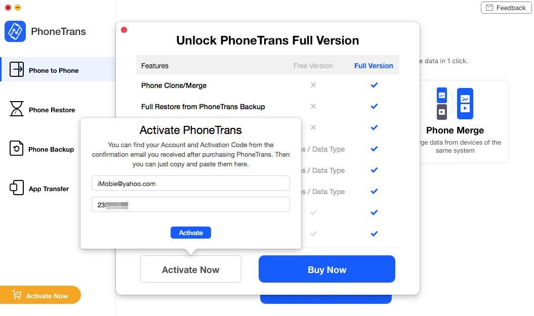 phonetrans account and activation code