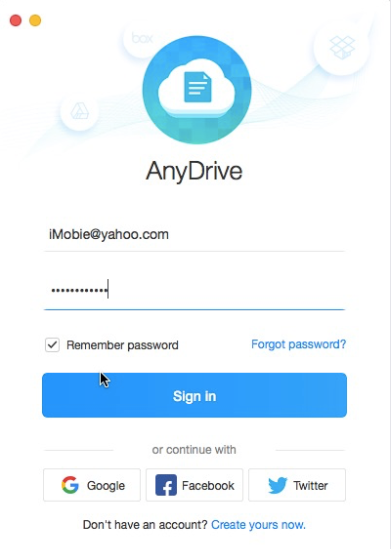 AnyDrive Log in Interface