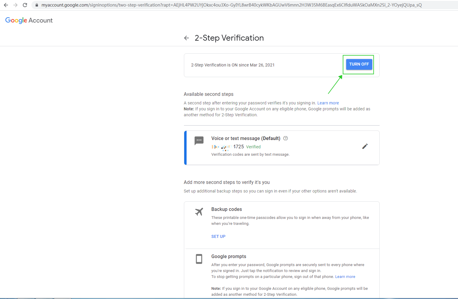Turn off 2-Step Verification for Google Account