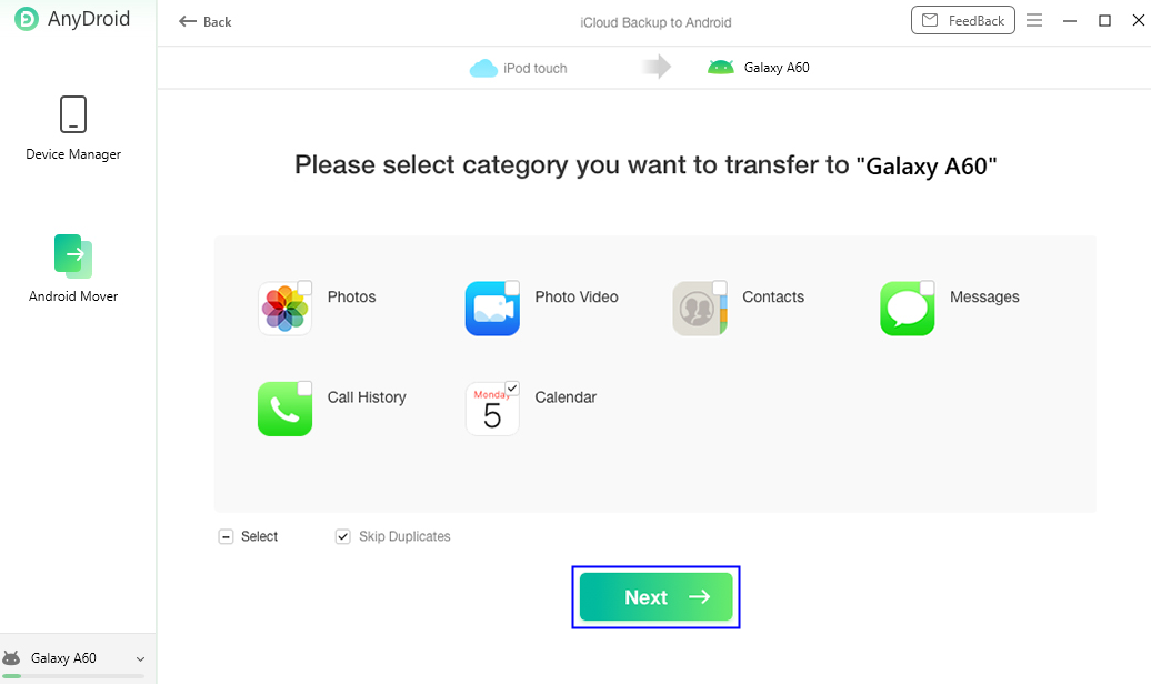 Select the Data Category You Want to Transfer
