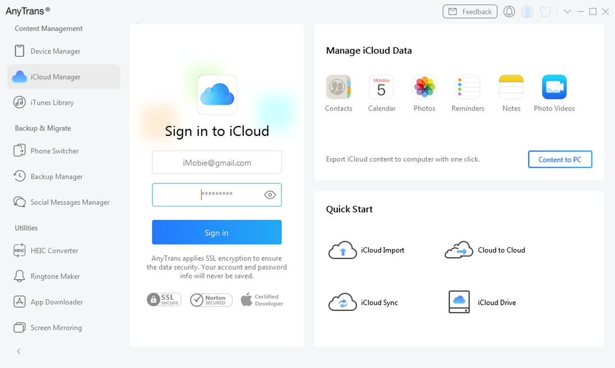 iCloud Manager Interface