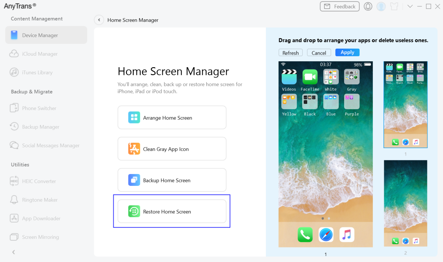 Click Restore Home Screen Option