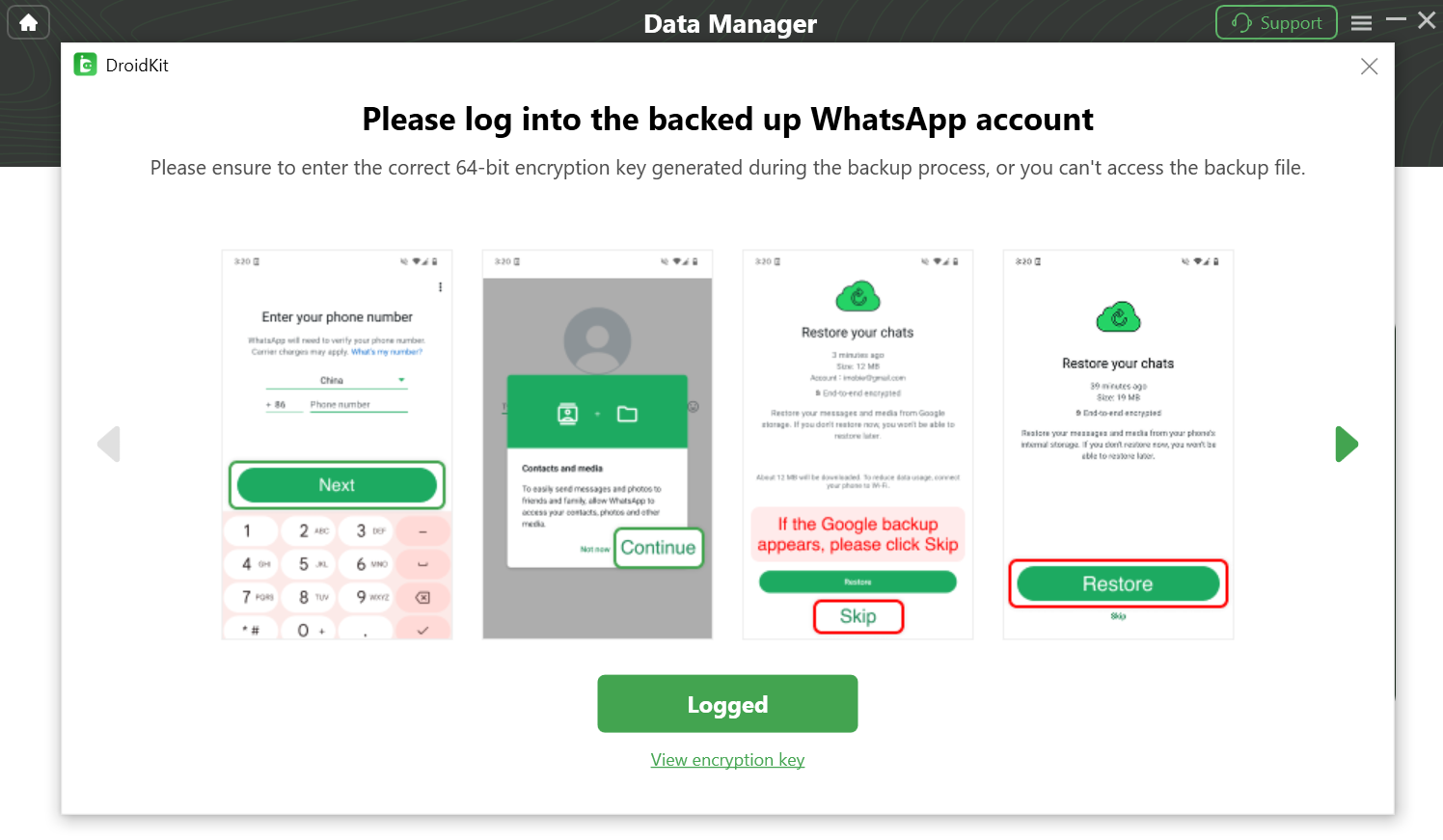 Log In the Currently Backed Up WhatsApp Account