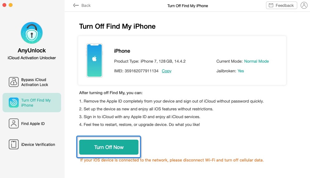 Turn off Find My iPhone Interface
