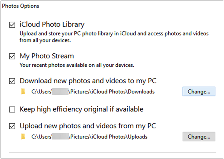 Disable high efficiency option in the iCloud for PC app
