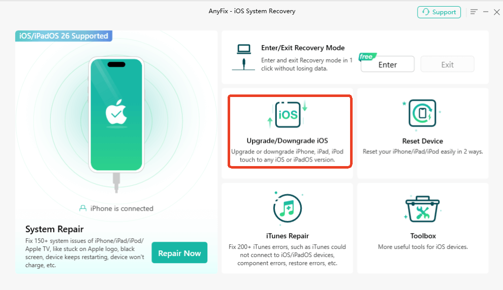 AnyFix Upgrade/Downgrade iOS Option