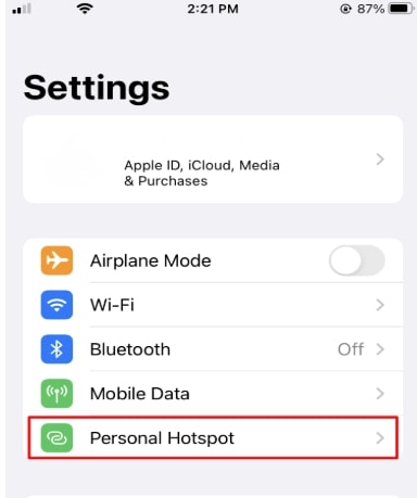 Select Personal Hotspot