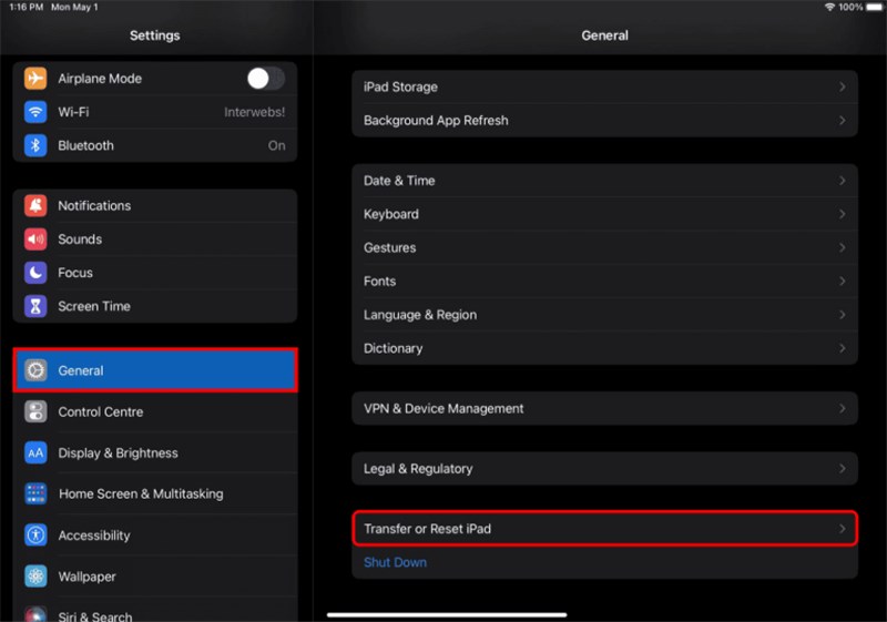 Press Transfer or Reset iPad