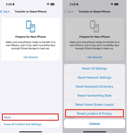 Reset Location and Privacy