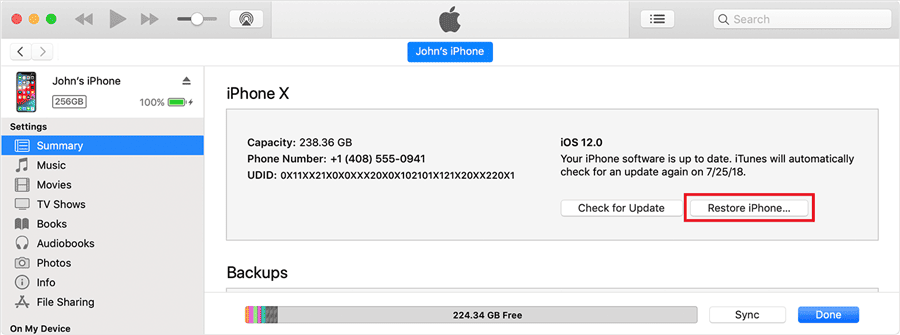 Restore iPhone in iTunes
