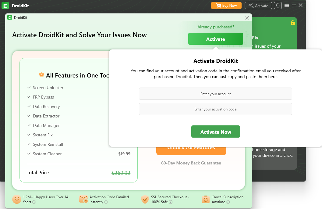 Enter the account and activation code to activate DroidKit