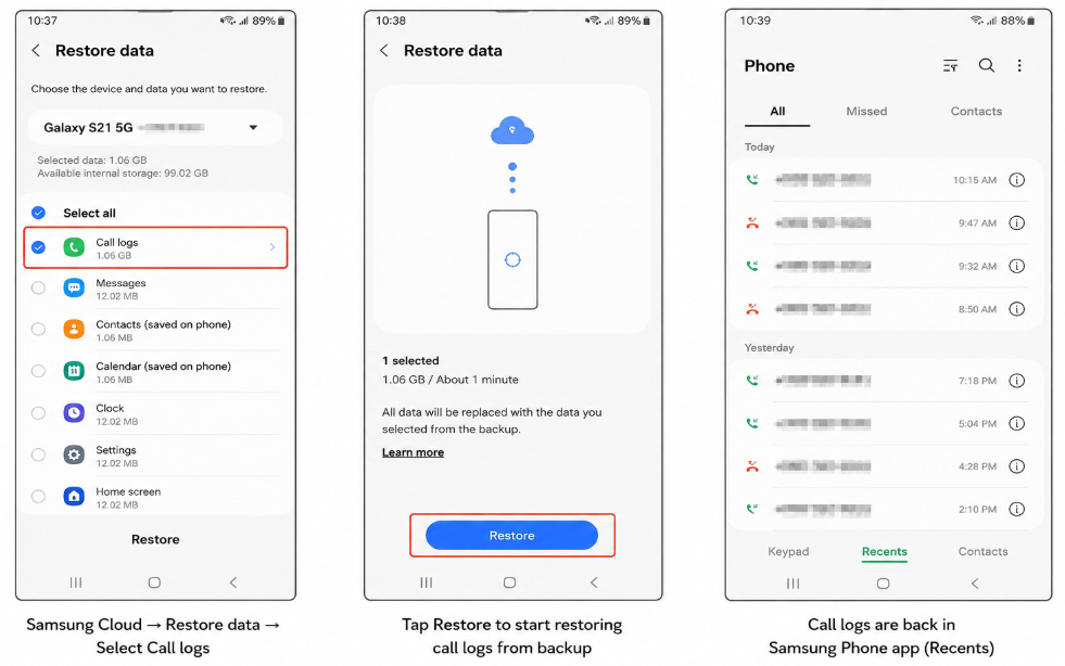 Select Call Logs from Samsung Cloud backup