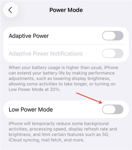 Turn Off Low Power Mode on iPhone