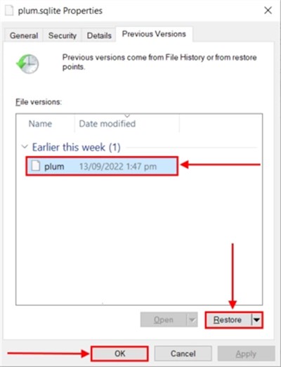 Click Restore in Previous Versions