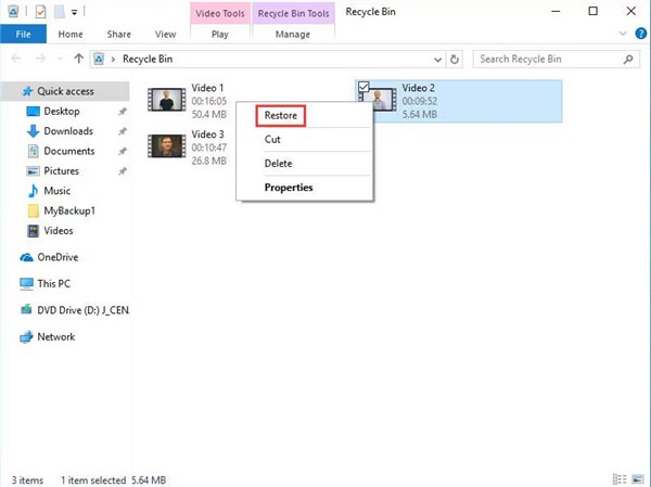Click Restore in Recycle Bin