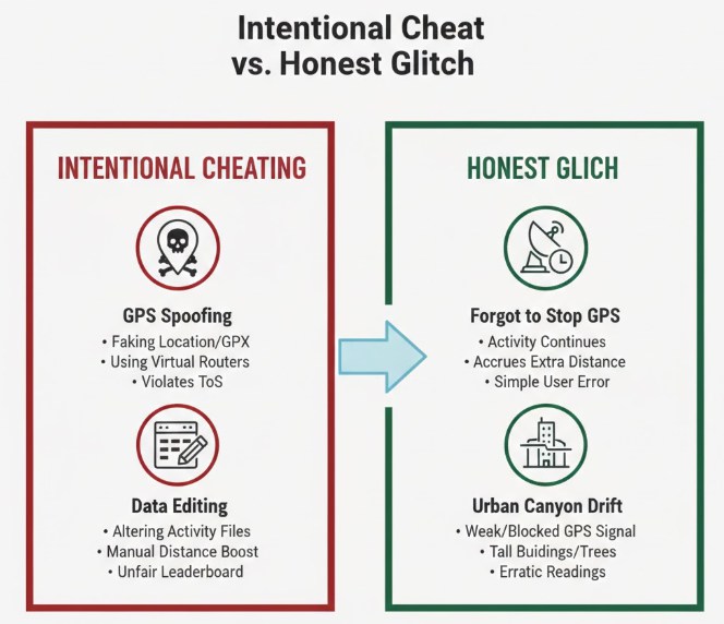 Distinguishing between deliberate Strava cheats and common GPS errors