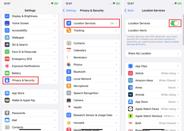 Settings > Privacy & Security > Location Services