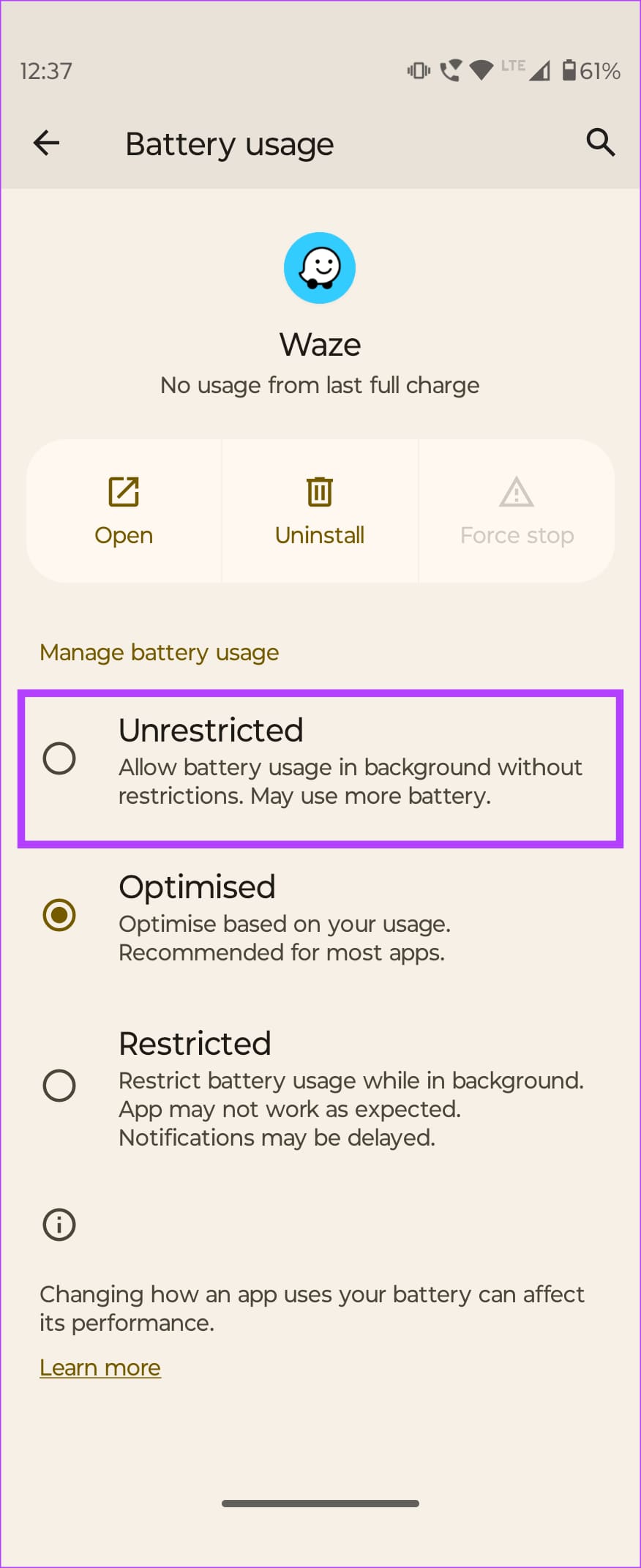 Disable Battery Optimization for the Waze Application