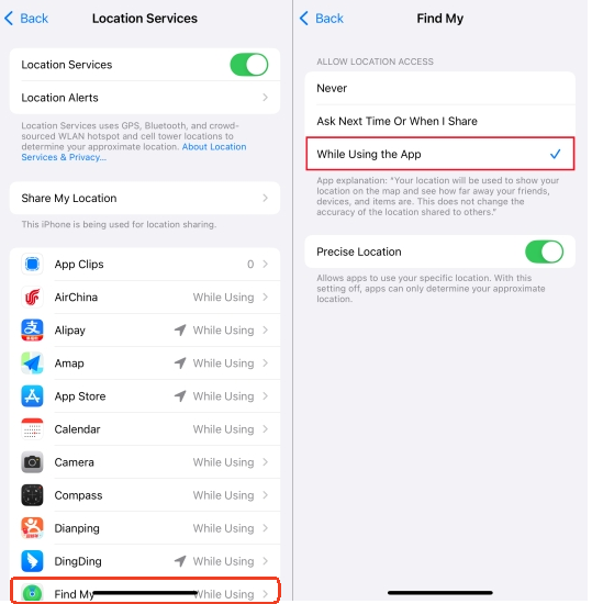 Confirm Find My App Permissions