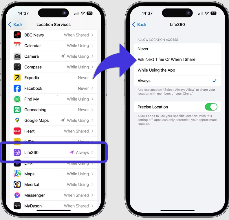 Restrict Life360 Location Permissions