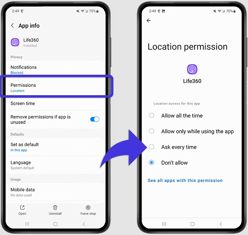 Restrict Life360 Location Permissions
