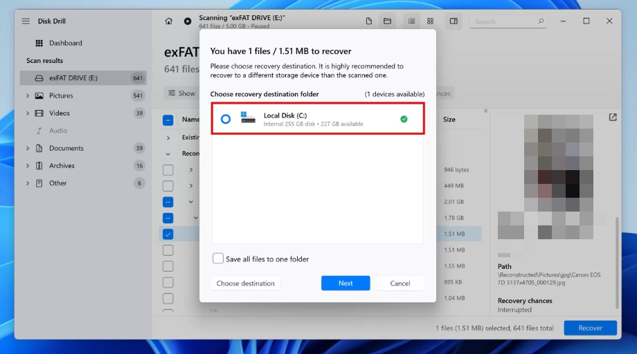 Select the files to recover