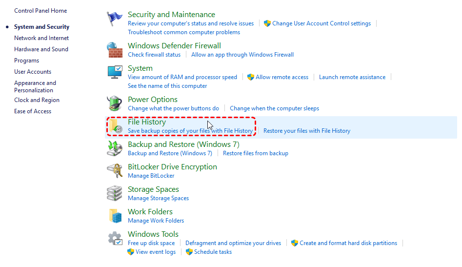 "Control Panel" -> "System and Security"->"File History"