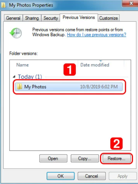 Click the Restore button to recover the file