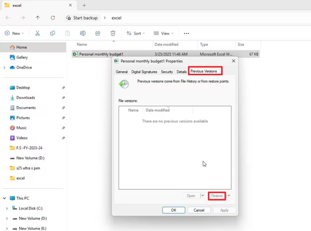 Click the Previous Versions tab