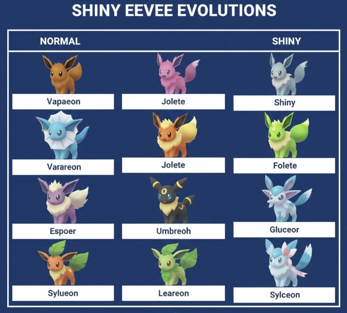 All shiny Eeveelutions next to their normal-colored counterparts