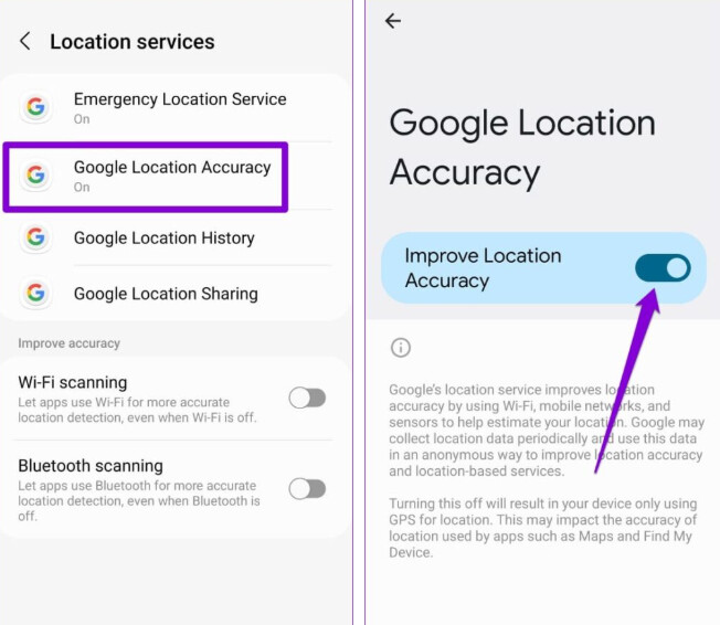 Toggle on Improve Location Accuracy
