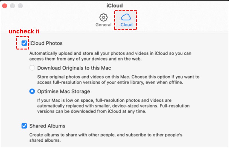 Uncheck iCloud Photos