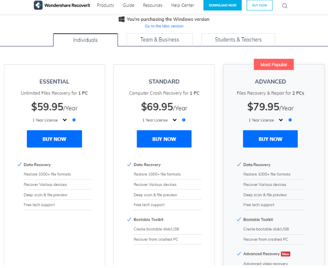 wondershare Recoverit Pricing
