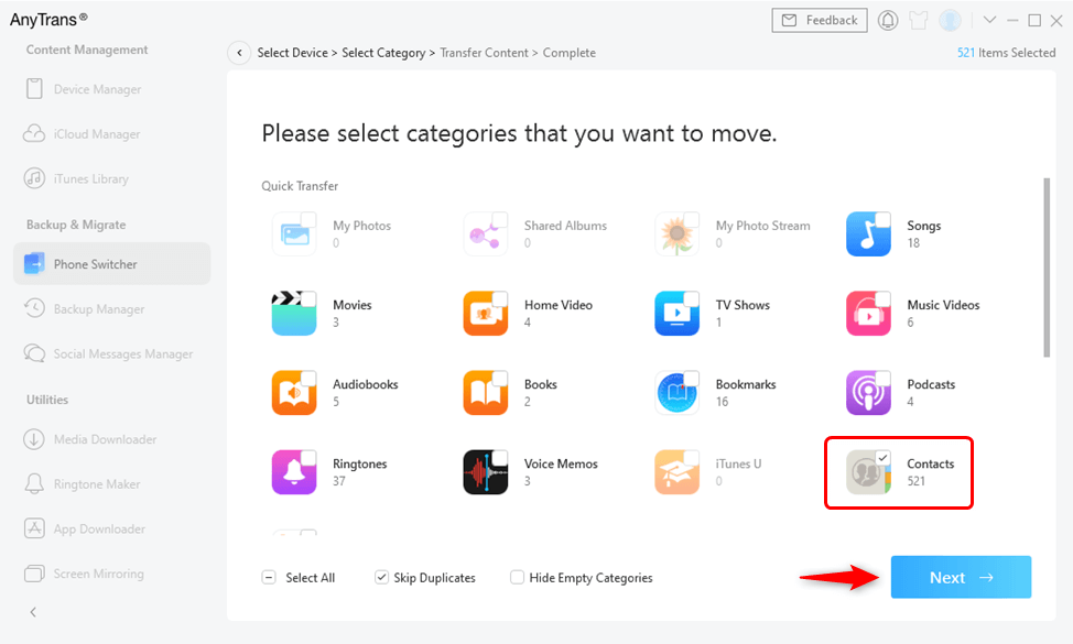 Check Contacts Box to Transfer