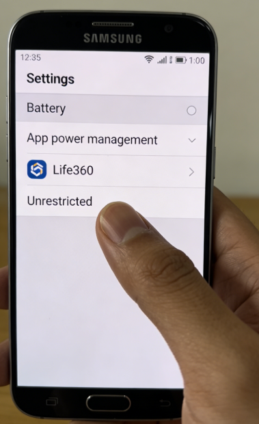 Disable battery optimization for the Life360 on Samsung Galaxy