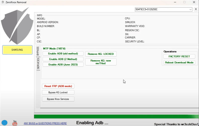Enable ADB mode in ZeroKnox Removal Tool for Samsung FRP removal