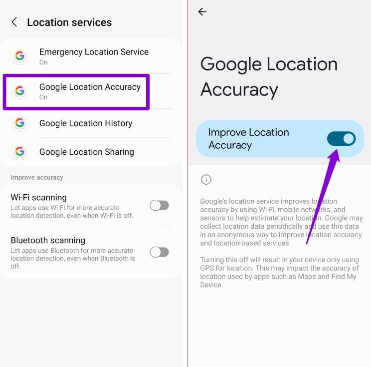 Tap on Google Location Accuracy