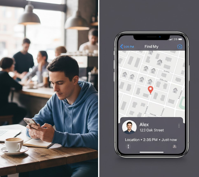 Person at a cafe while Find My shows them at home
