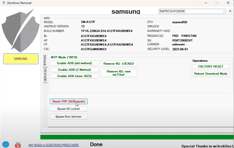 Reset Samsung FRP in ZeroKnox Removal Tool using ADB mode