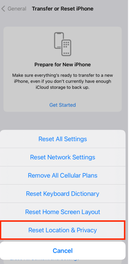 Reset Location & Privacy