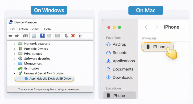 Verify iPhone connection on Windows vs. Mac