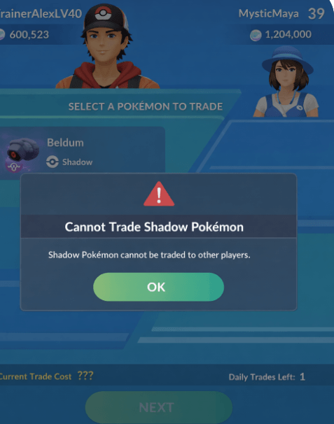 Cannot Trade Shadow Pokemon
